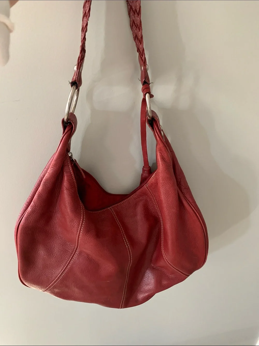 a.n.a Red Leather Braided-Strap Hobo with Tassel